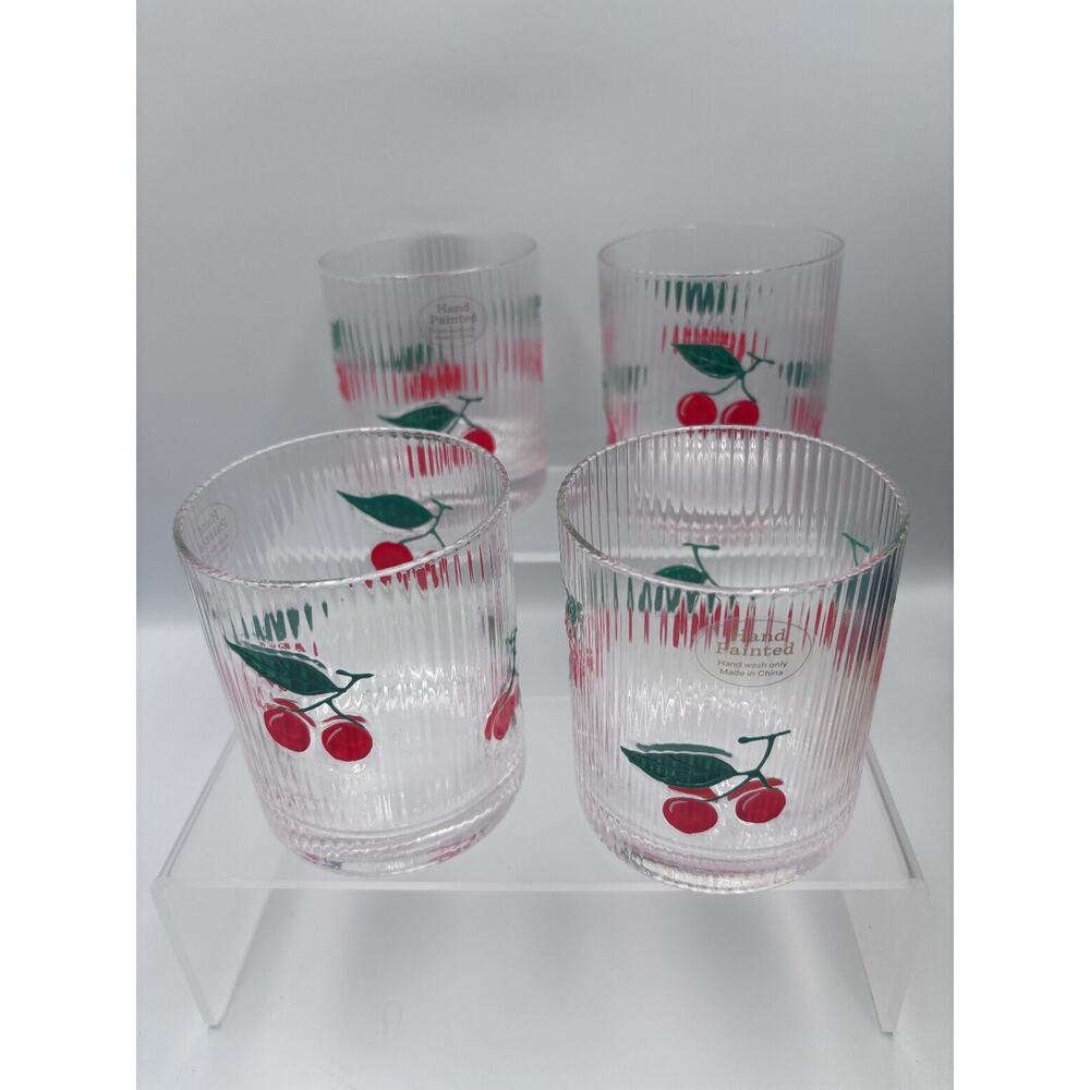 Hand Painted Cherry Glass Tumblers Lot of 4 Ribbed Anthropologie Barware NEW